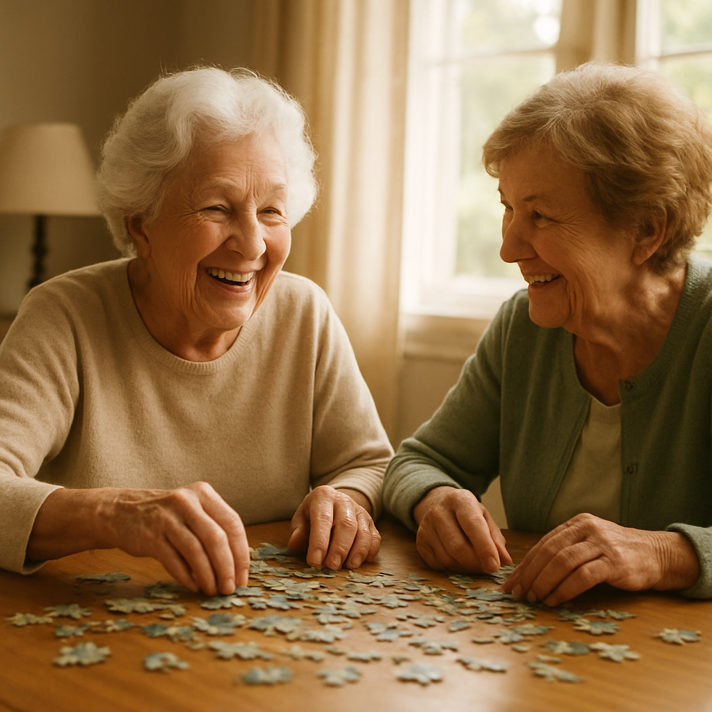 An elderly woman laughing while doing a jigsaw puzzle with her companion at a sunlit table
