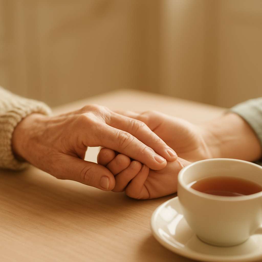 A younger hand gently holding an elderly hand across a kitchen table beside a cup of tea