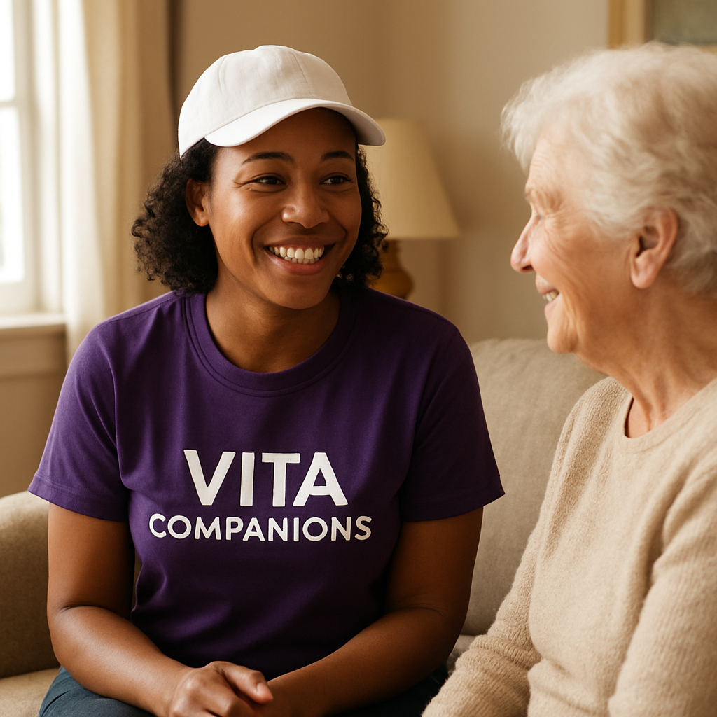 Vita Companion in branded teal t-shirt and cap chatting warmly with an elderly woman at home