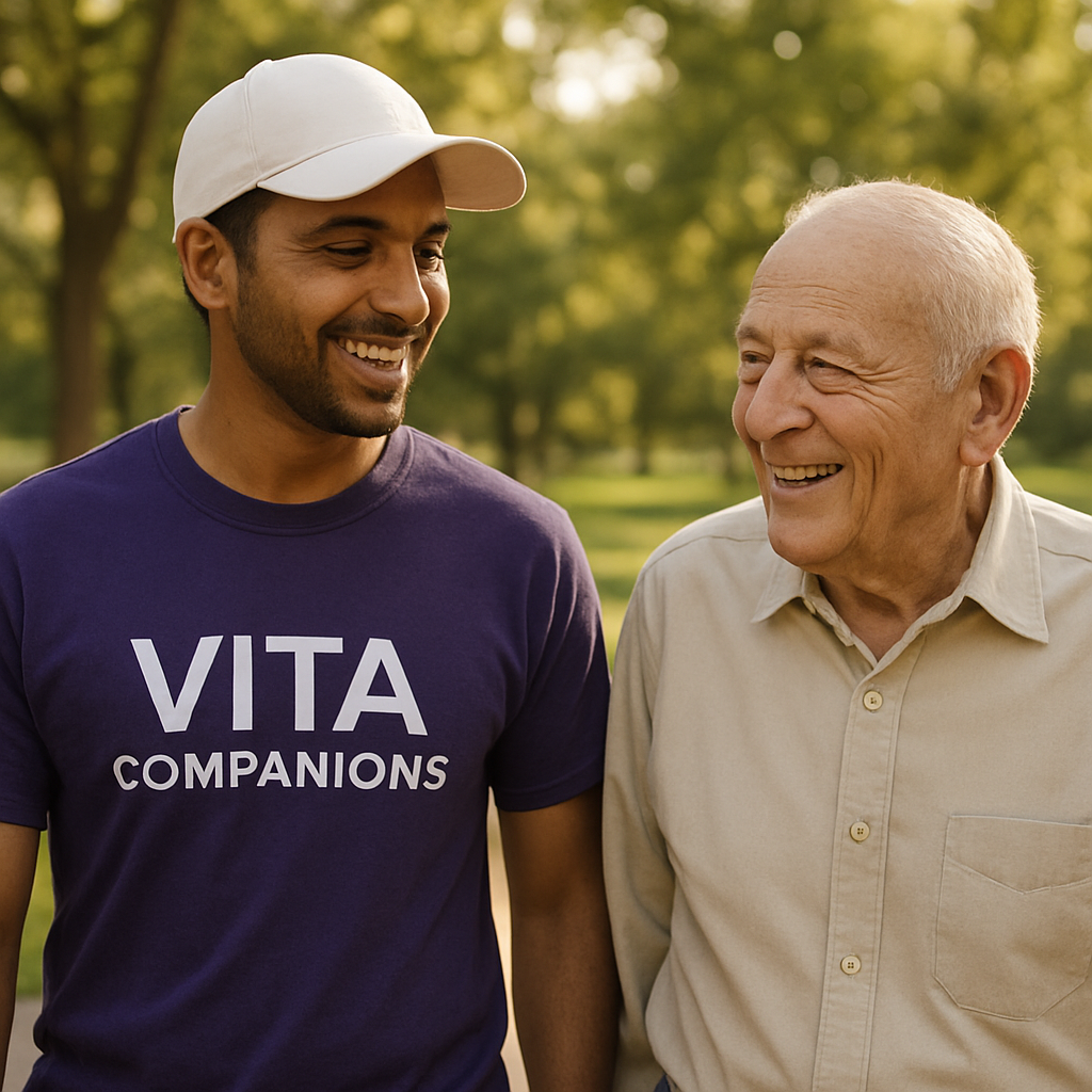 Vita Companion walking outdoors in a park alongside a smiling elderly man