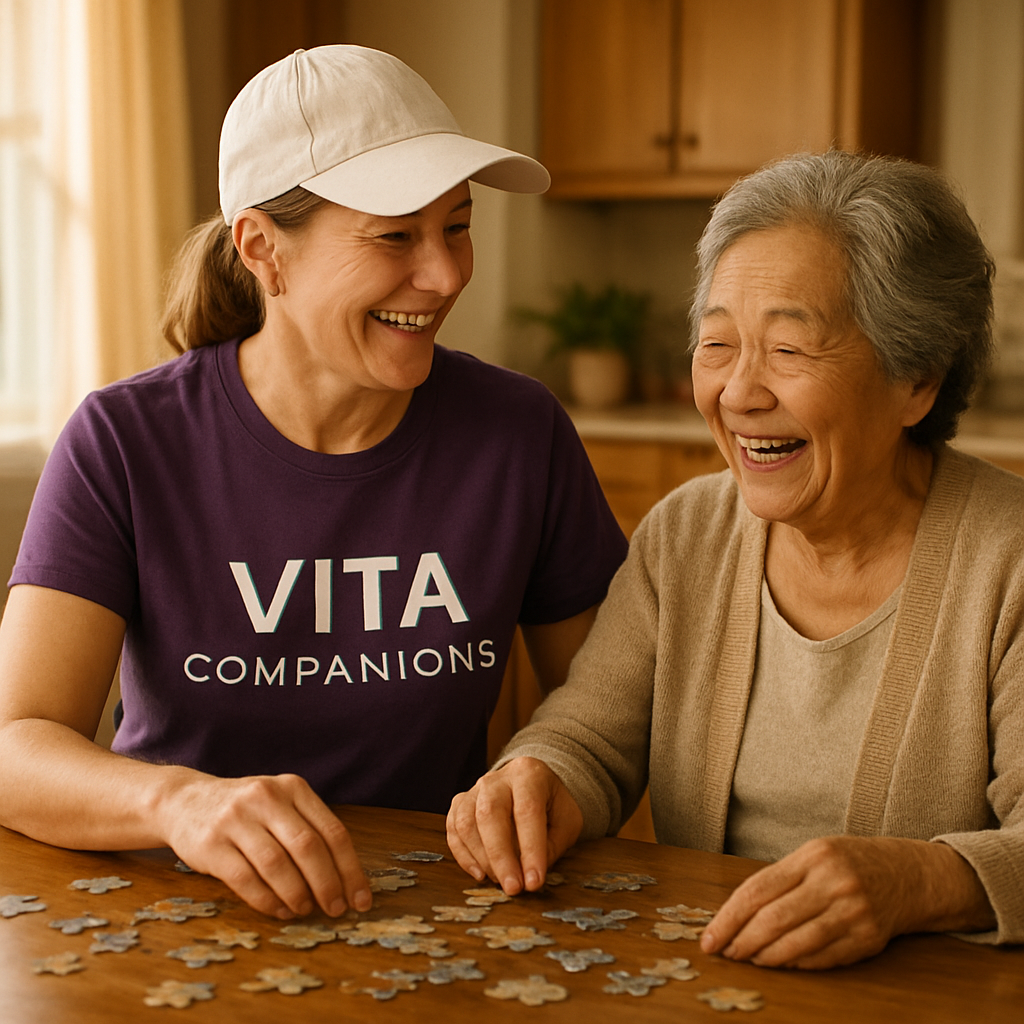 Vita Companion doing a jigsaw puzzle and laughing with an elderly woman in a sunlit kitchen