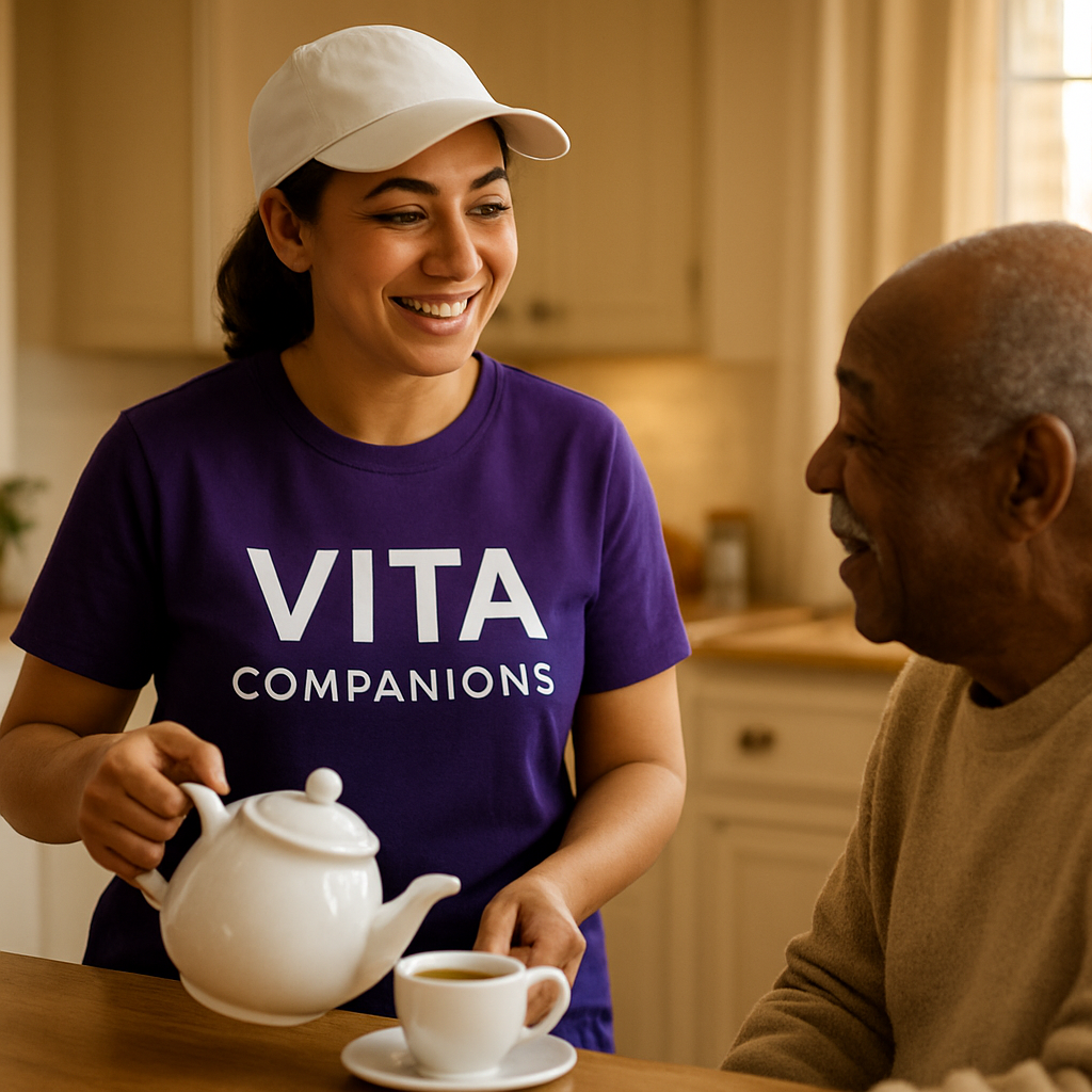 Vita Companion preparing tea in a kitchen while chatting with an elderly man