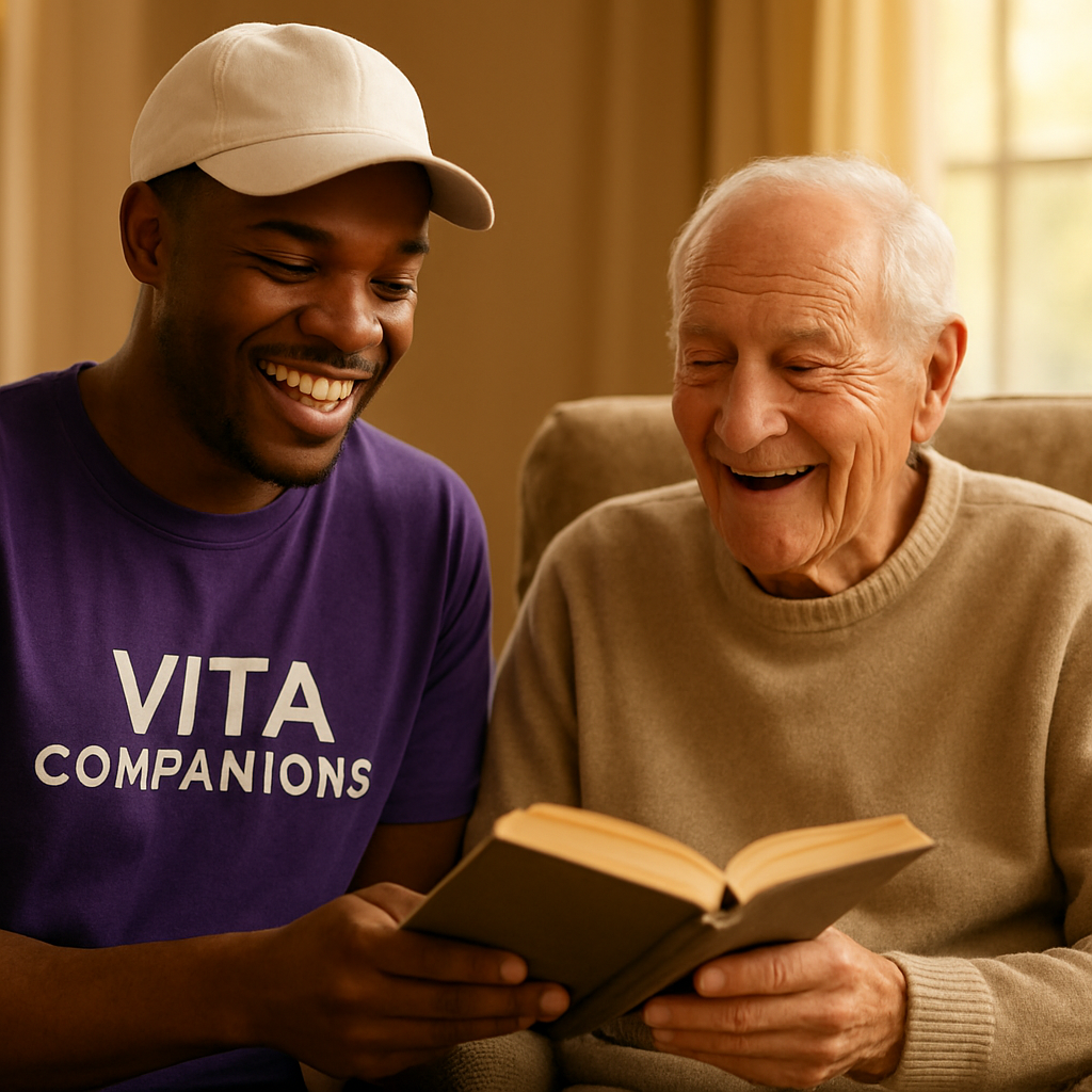 Vita Companion reading aloud and laughing with an elderly man in an armchair