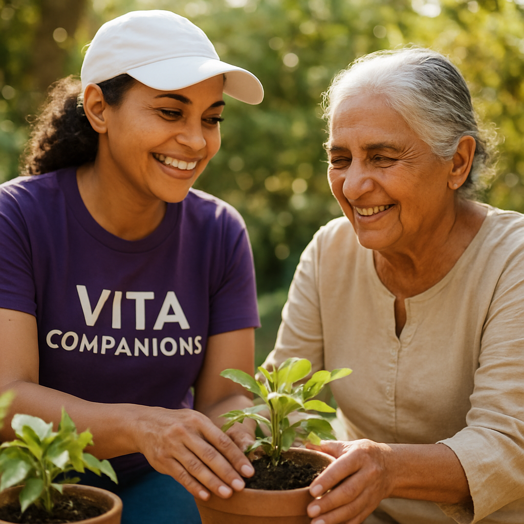Vita Companion helping an elderly woman tend potted plants in a sunny garden