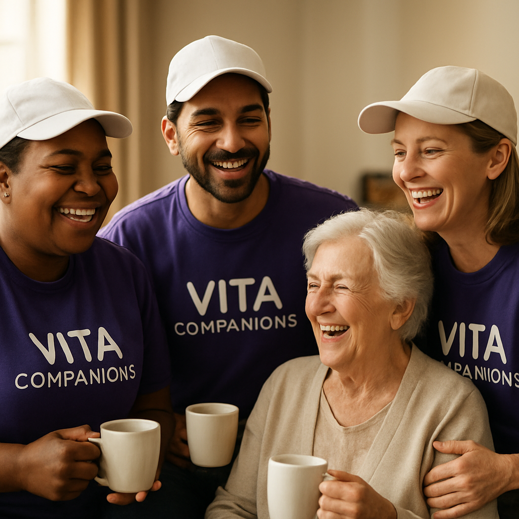 Diverse Vita Companions team in branded purple t-shirts and white caps sharing tea and laughter with an elderly woman