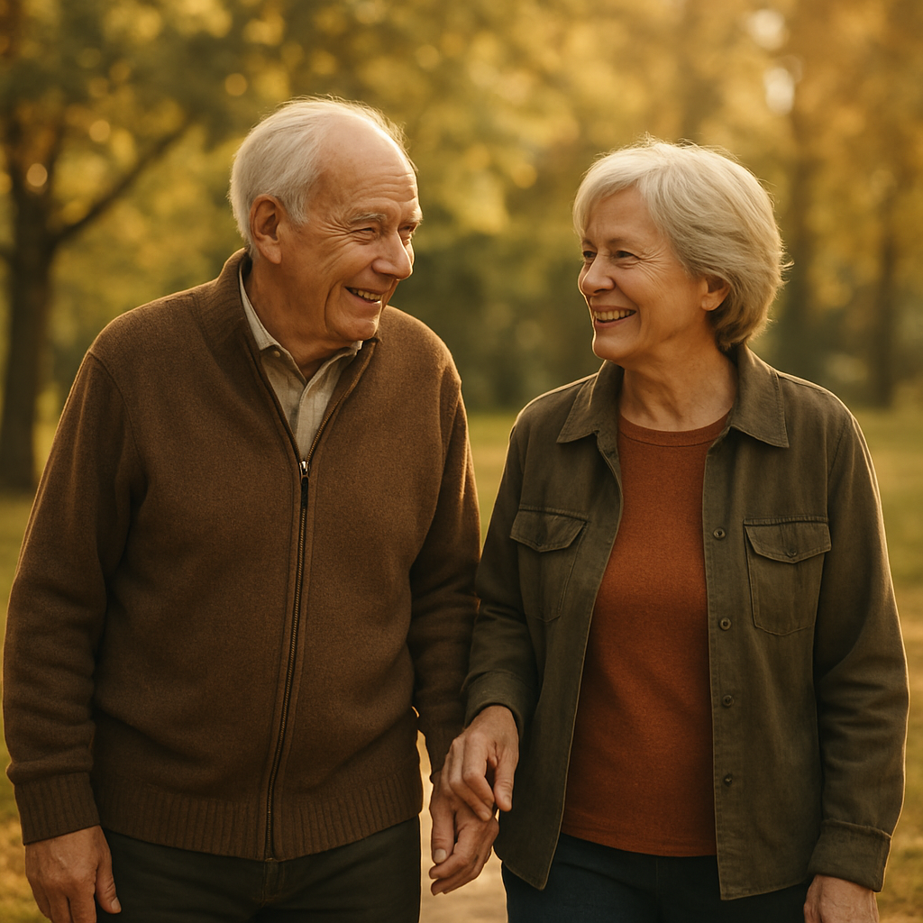 An elderly man enjoying a walk in the park with a kind companion on a sunny day